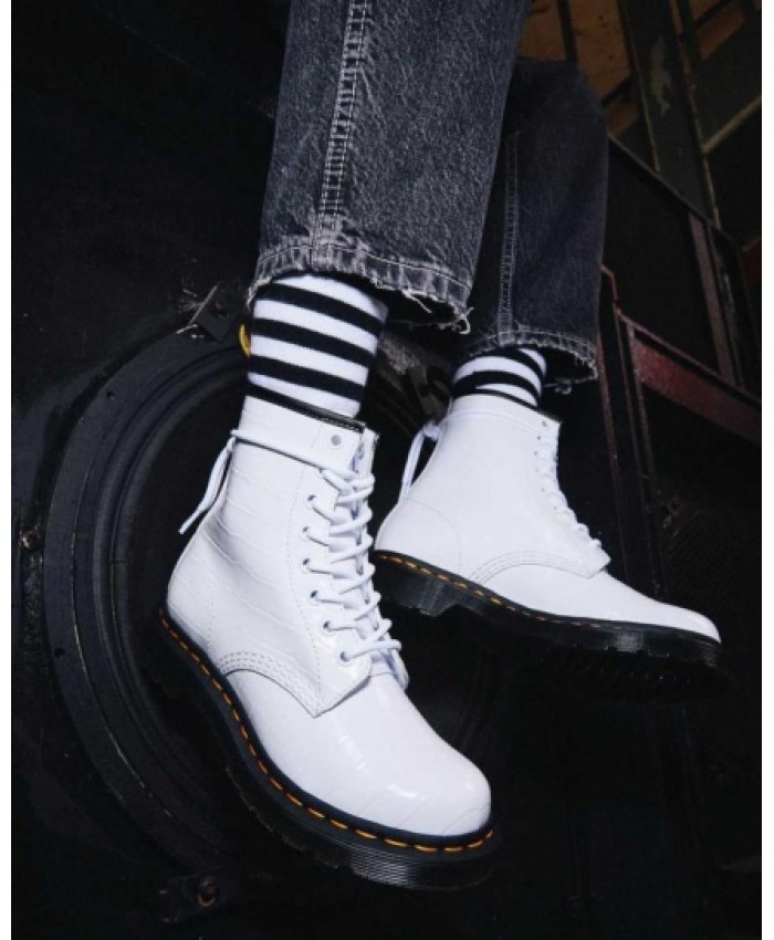 
            1460 Women Patent Croc Emboss Leather Boots WHITE        